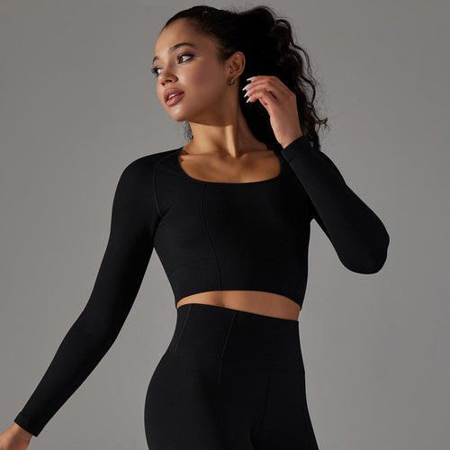 Seamless Knitted Long Sleeve Low Neck Sports  Breathable Running Yoga