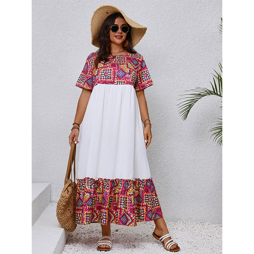 Bohemian Maxi  Round Neck Short Sleeve Long Pattern