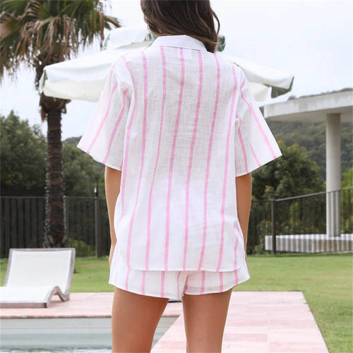 Spring Summer Striped Printed Short Sleeve Shirt Shorts Suit Beach Casual Two Piece Suit Women Clothing