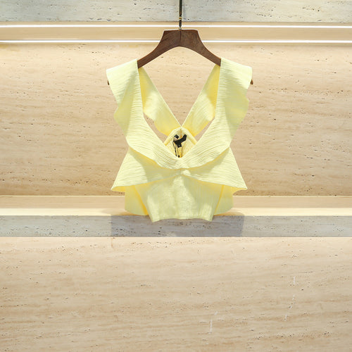 V-neck Shirt Yellow Elegant Sleeveless Cropped Top