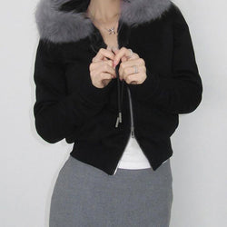 Retro Loose Solid Color with Fur Warm Double Headed Zipper Cardigan Sweater Fall Winter Hooded Furry Splicing Coat