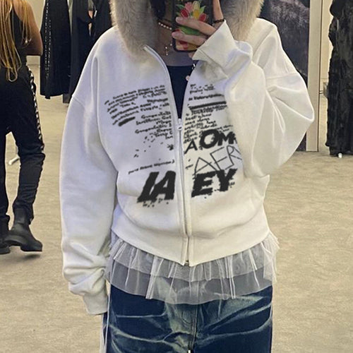 Retro Simple Letter Graphic Print Furry Stitching Hooded Cardigan Top Autumn Winter Thermal Velvet Sweater Coat