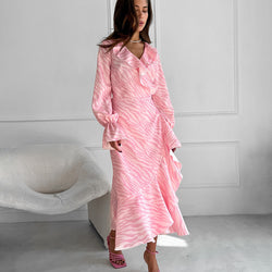 Gentle Pink Elegant Ruffled V Neck Flared Sleeves Fishtail Dress Autumn Lace Up Maxi Dress