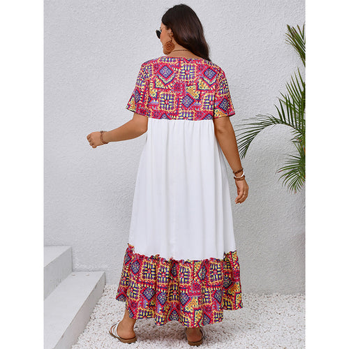 Bohemian Maxi  Round Neck Short Sleeve Long Pattern