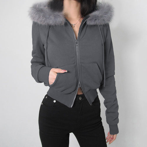 Retro Loose Solid Color with Fur Warm Double Headed Zipper Cardigan Sweater Fall Winter Hooded Furry Splicing Coat