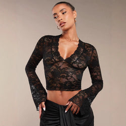 Women Solid Color Sexy Transparent Lace V neck Tight Flared Long Sleeve Top