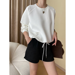 Tone Embroidery Drawstring Loose round Neck Raglan Sleeves Casual Sweatshirt