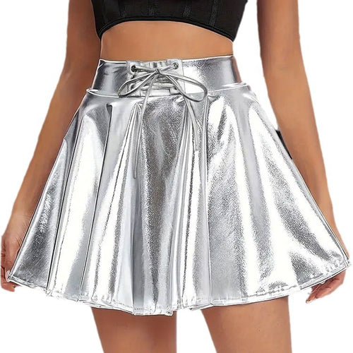 Silver Faux Leather Short  Umbrella Elastic Bandage A Line