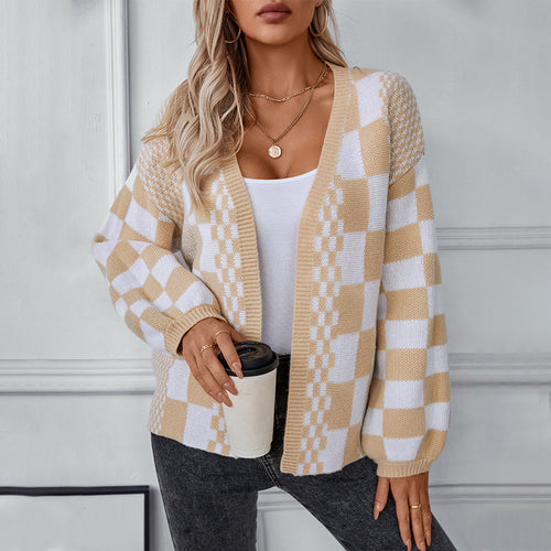 Contrast Color Check Women Sweater Autumn Winter Casual Loose Lantern Sleeve Knitted Cardigan