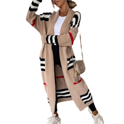 Women Clothing Sweater Long Striped Sweater Oversized Loose Cardigan Contrast Color Knitted Coat