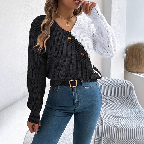 Real Shot Autumn Winter Casual V neck Buttons Contrast Color Lantern Sleeve Pullover Sweater Women Clothing