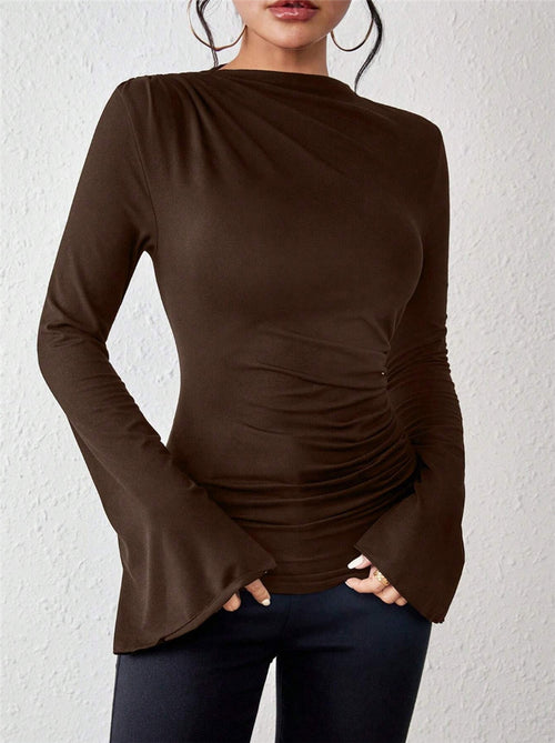 Autumn Winter Pleating Bell Sleeve Stand up Collar Slim Fit T shirt