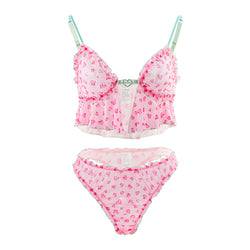 Sexy Lingerie Cute Girl Cute Pink Sling Heart Printing Thin Sexy See through Two Piece Sets