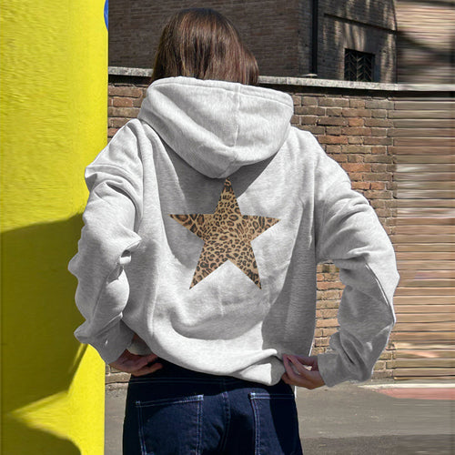 Simple Gray Leopard Print Five Pointed Star Loose Hooded Sweater Girl Basic All Matching Autumn Winter Pullover Top