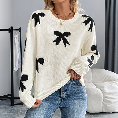 Casual round Neck Bowknot Jacquard Autumn Winter Sweater Women