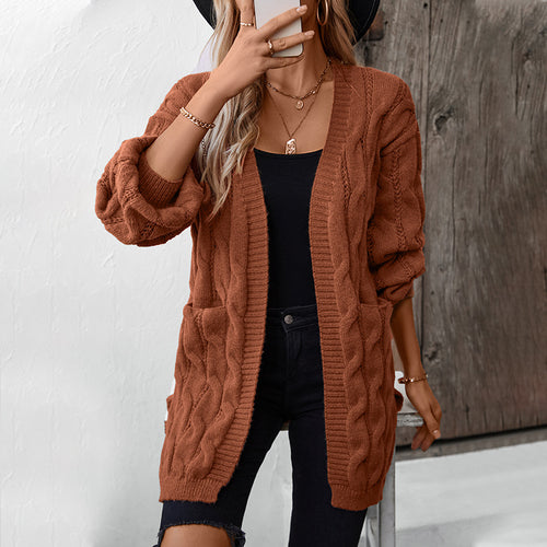 Twist Knit Cardigan for Women Autumn Winter Retro Loose Mid Length Sweater Coat for Women