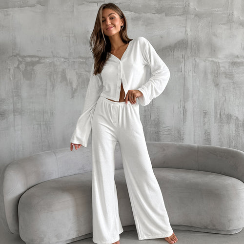 Autumn Winter Knitted Loose Comfort Casual Pajamas Women Long Sleeve Trousers White Simple Homewear