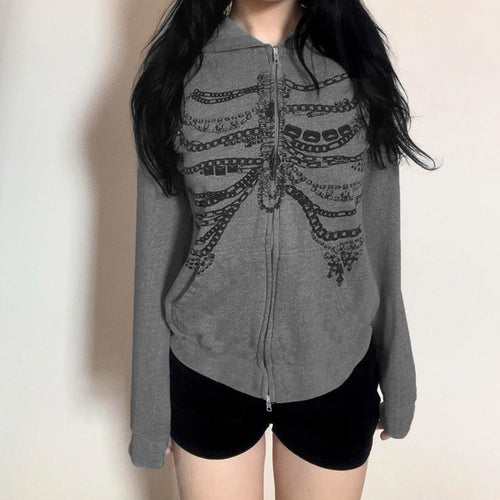 Culture Chain Bone Print Loose Hooded Sweatshirt Sexy Street Niche Casual Zipper Thin Coat