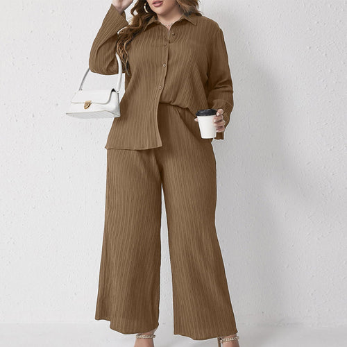 Pleated Casual Loose Shirt High Waist Trousers Suit Two Piece Set