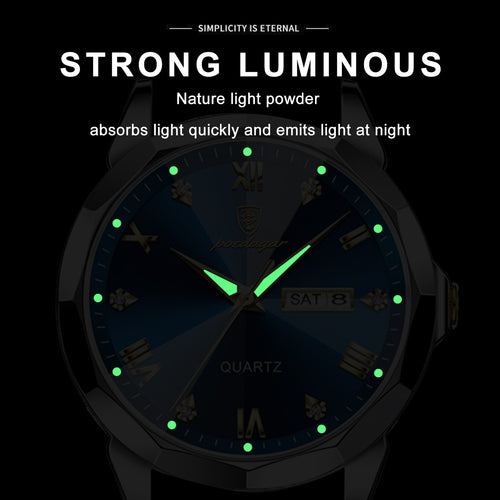 POEDAGAR Luxury Men Wristwatch Business Waterproof Luminous Date Week Man Watch Stainless Steel Band Men's Quartz Watches Sports