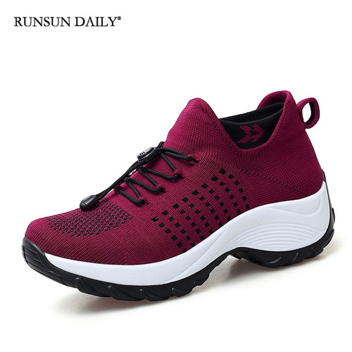 Sport Women Walking Shoes Fashion Sock Sneakers Breathe  Casual Platform Loafers Non-Slip