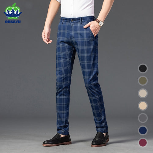 OUSSYU Brand Men's Plaid Pants Casual Elastic Long Trousers Cotton Blue Skinny Business Work Pant for Male Classic Clothing