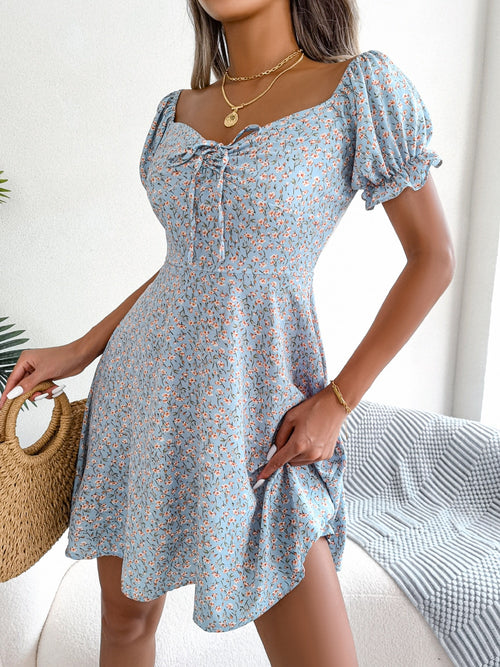 Women Casual Ruffles Short Sleeve Floral Print A Line Dress