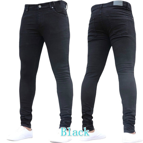 Men Jeans Pants Slim Fit Stretch Mid Waist Denim Pencil Trousers Man Casual Pure Color Skinny Black Jeans Pantalones Vaqueros