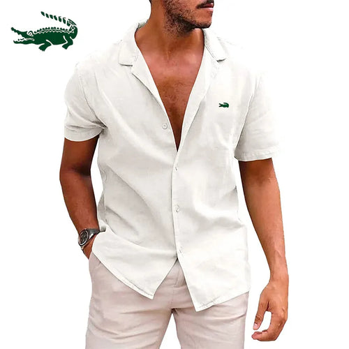 2023 High quality men's linen short sleeved cardigan shirt casual sports loose fitting sweat absorbing breathable lapel shirt T