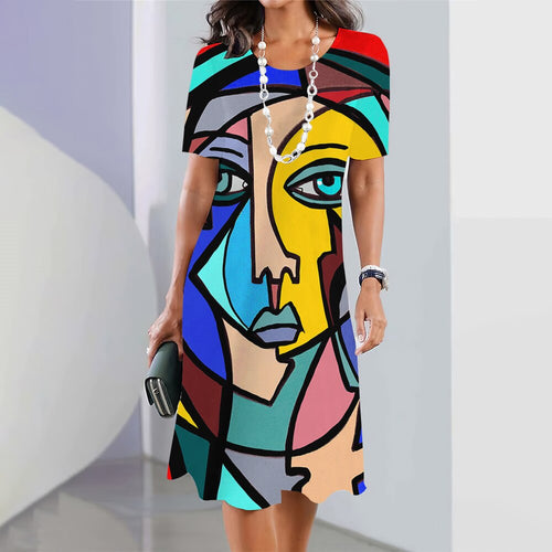 Womens Dresses 2023 New 3d Art Face Print Short Sleeve Clothes Fashion Loose Skirt Summer Lady Oversized Vacation Dresses 5xl