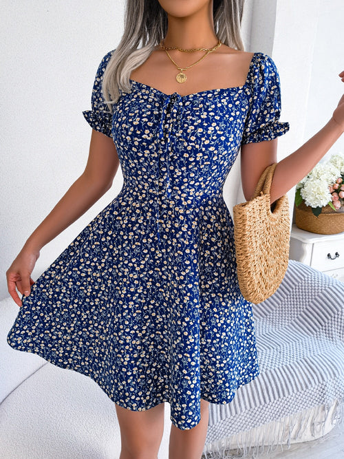 Women Casual Ruffles Short Sleeve Floral Print A Line Dress