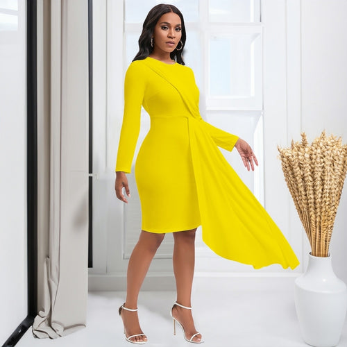 Women's Fashion Long Sleeved Beauty Temperament Elegant OL Pencil Skirt Casual Long Street Commuting Solid Color Slim Dress