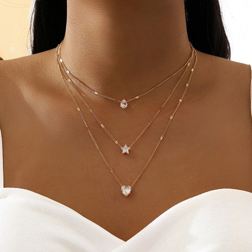 Crystal Zircon Heart Star Layered Pendant Necklace Set for Women Charms Fashion Square Rhinestone Female Vintage Jewelry