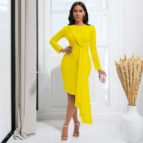 Women's Fashion Long Sleeved Beauty Temperament Elegant OL Pencil Skirt Casual Long Street Commuting Solid Color Slim Dress