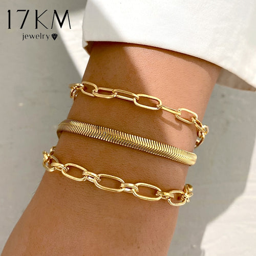 17KM Wide Adjustable Bracelets Set Metal Gold Color Bracelets for Women