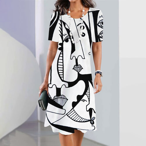 Womens Dresses 2023 New 3d Art Face Print Short Sleeve Clothes Fashion Loose Skirt Summer Lady Oversized Vacation Dresses 5xl