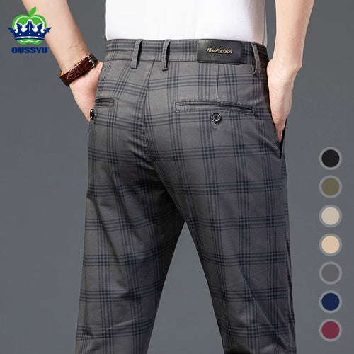 Brand Men's Stripe Plaid Casual Pants Men Cotton Four Seasons High Quality Business Trousers Men's Slim Dark gray Straight Pant