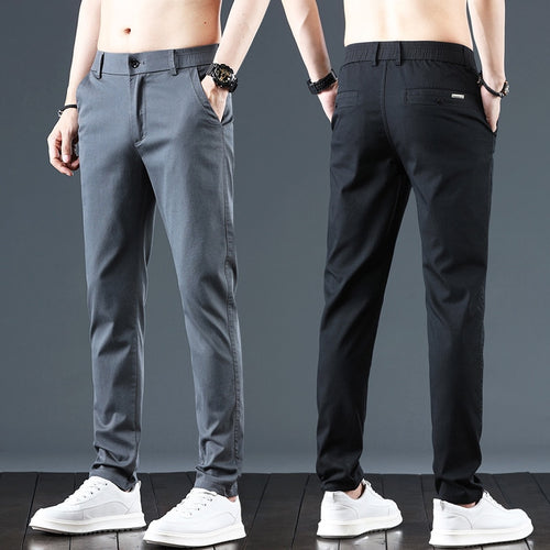 Summer Good Stretch Smooth Trousers Men Business Elastic Waist Korean Classic Thin Black Gray Blue Brand Casual Suit Pants Male