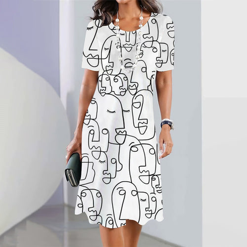 Womens Dresses 2023 New 3d Art Face Print Short Sleeve Clothes Fashion Loose Skirt Summer Lady Oversized Vacation Dresses 5xl