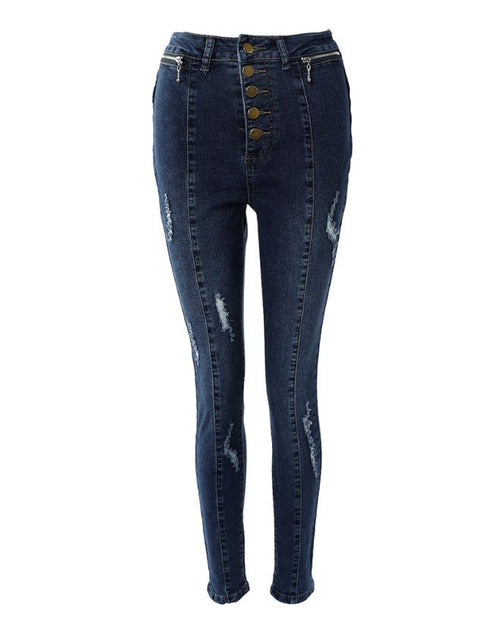 Mode Blauwe Jeans 2023 Lentemode Knoopsluiting Rits Detail Casual Effen Zakontwerp Skinny Lange Gescheurde Jeans Streetwear 