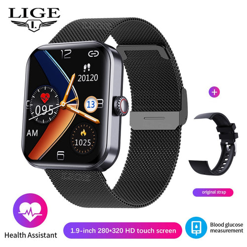 LIGE 1.90 inch HD Screen Smart Watch Men Professional Sports Bracelet Blood glucose Monitoring Temperature