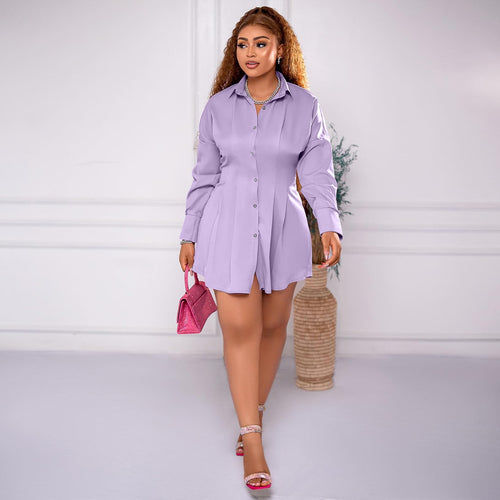 Women Lantern Long Sleeve Turn Down Collar Solid Casual Shirt Dress Single Breasted Corset Tunic Blouse Street Party Mini Dress