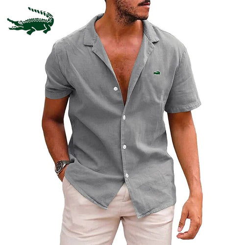 2023 High quality men's linen short sleeved cardigan shirt casual sports loose fitting sweat absorbing breathable lapel shirt T