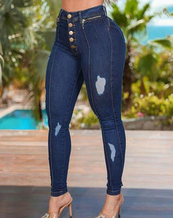 Mode Blauwe Jeans 2023 Lentemode Knoopsluiting Rits Detail Casual Effen Zakontwerp Skinny Lange Gescheurde Jeans Streetwear 