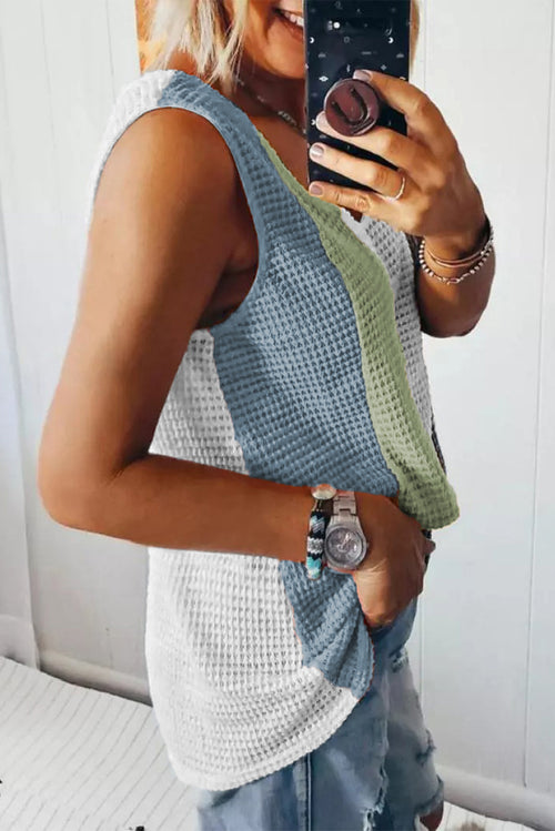 Multicolor Color Block Casual V Neck Waffle Knit Tank Top