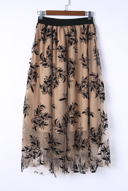 Apricot Floral Leaves Embroidered High Waist Maxi