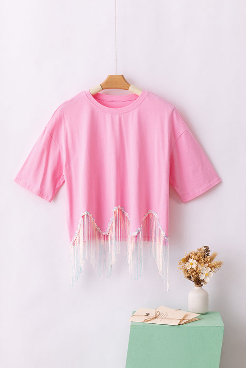 Pink Casual Fringe Sequin Hem Cropped