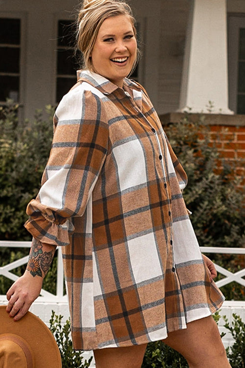 Khaki Plus Size Plaid Flounce Sleeve Button up