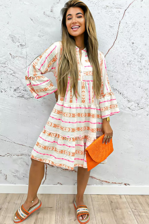 Orange Bohemian Printed Bracelet Sleeve Slit Neck Ruffled Loose