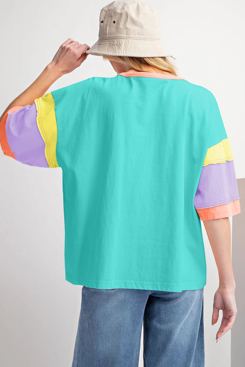 Green Color Block Sleeve Round Neck Oversize